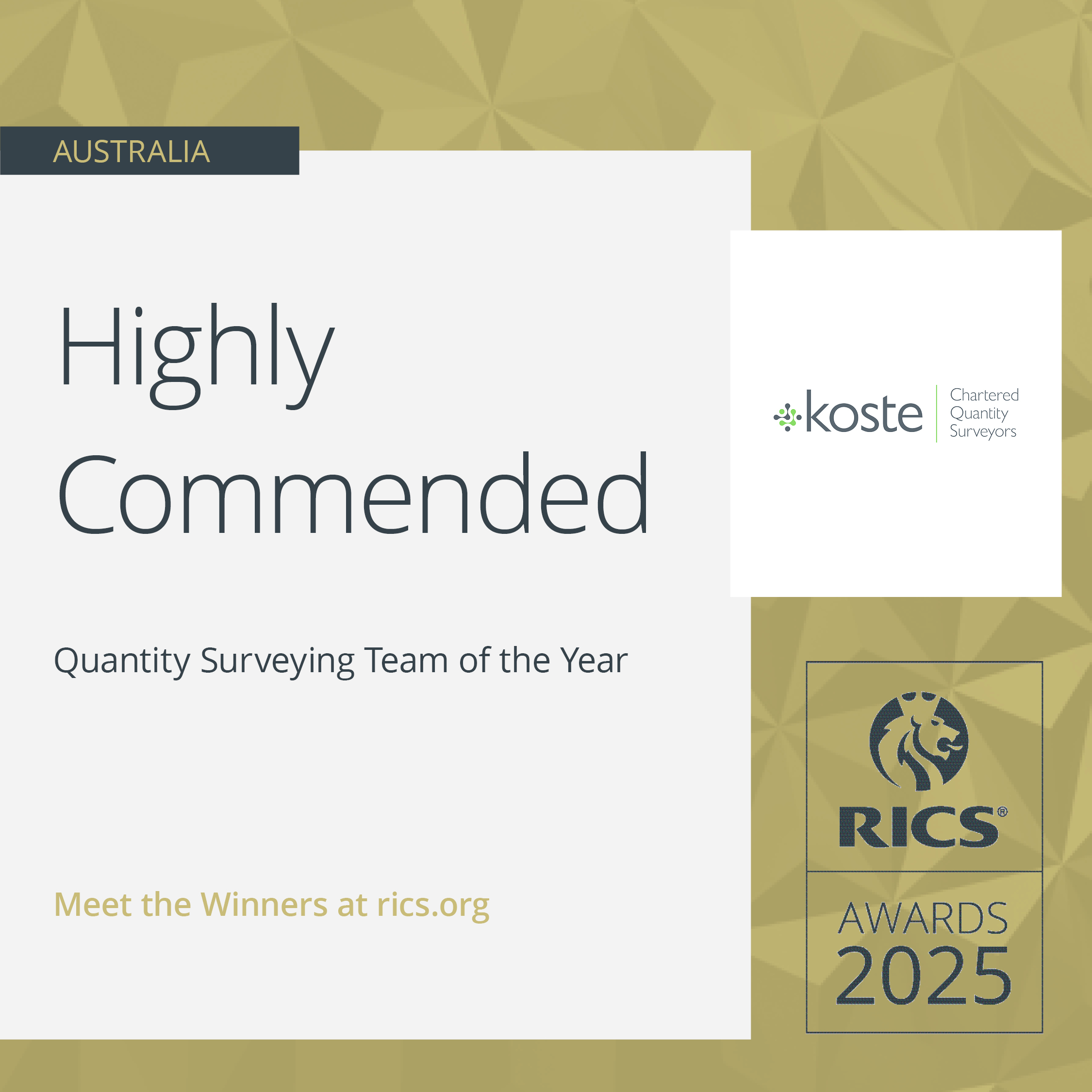 RICS Awards 2025 - Highly Commended Quantity Surveying Team of the Year